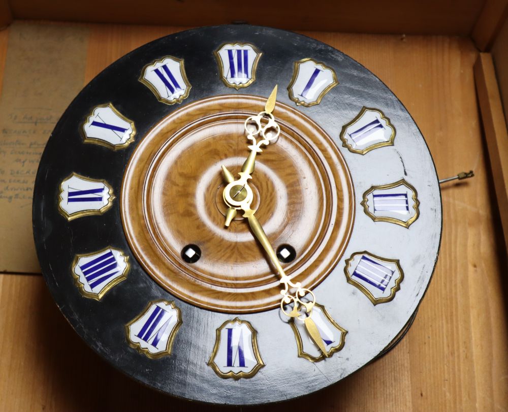 A French inlaid wall clock, spring-driven gong-striking movement, with pendulum, 50cm sq.